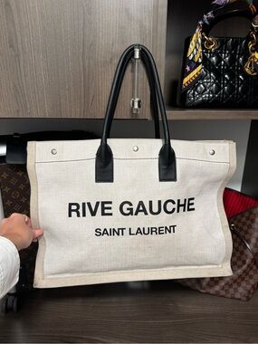 Saint Laurent Rive Gauche Canvas Tote - Natural & Black